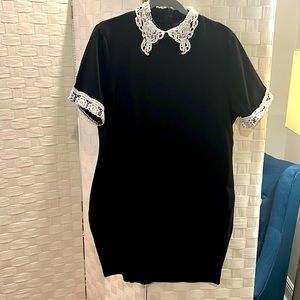 Beautiful black dress with white lace, Peter Pan collar & short sleeve details